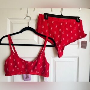 Savage X Fenty Bright Red Logo-Print Bralette & High-Waist Brief Set